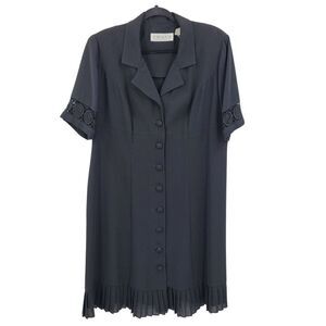 Vintage 80's Chaus Shift Dress 14W Black Button Front‎ Lace Pleated Ruffle Hem